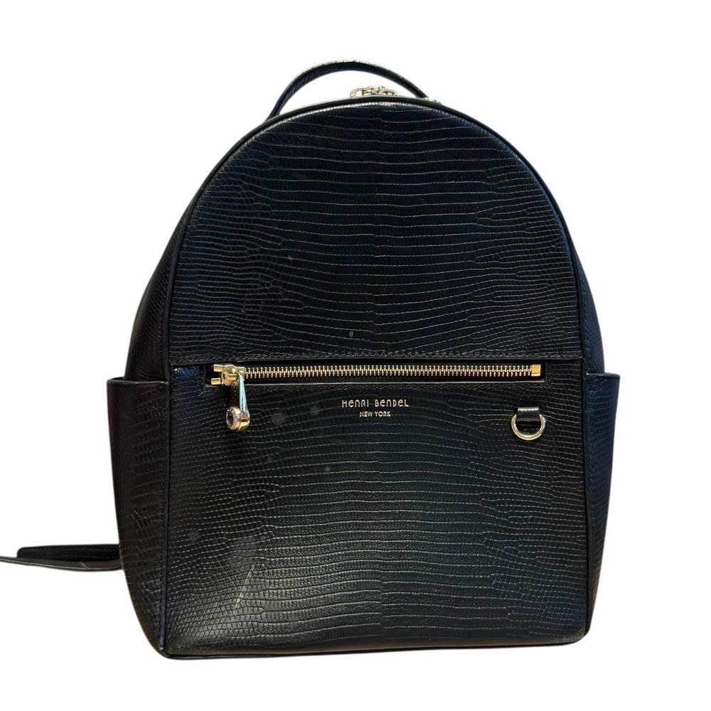 Henri Bendel Black Reptile Embossed Leather Backpack Structured Bag quiet luxury